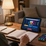 Engaging with fabet online betting platform on a tablet in a cozy living room.