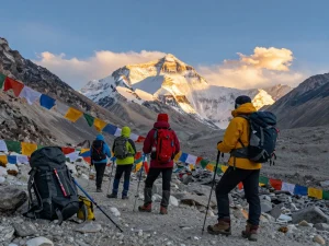 Trekkers at Everest Base Camp enjoying breathtaking views of Mount Everest during sunset.
