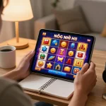Engaging with the colorful nổ hũ game on a tablet at home, showcasing the thrill of online gambling.