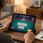 Engaging in online poker on a tablet while seated comfortably, link lc88 enhancing the gaming experience.