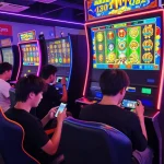 Exciting online gaming scene with players using slot qris for quick deposits, vibrant lighting, and thrilling gameplay.