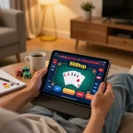 Engaging in online poker gameplay with 888top on a tablet at home.