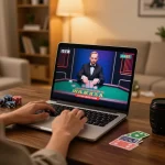 Engaging in live blackjack on vaobet, displaying cards and chips in a warm home setting.