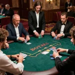 O8 players engaged in a strategic poker game with chips and cards on a luxurious casino floor.