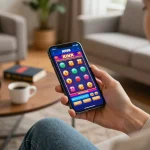 Player enjoying the RR88 mobile app slot game experience in a cozy home setting