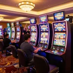 Players enjoying slot777 machines in an upscale casino, capturing the thrill of gaming.