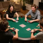 Players enjoying poker night at home, showcasing a lively game scene highlighting 98win com1.