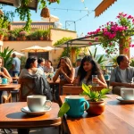 Customers savor coffee at the Coffee Shop Lloret de Mar, showcasing a vibrant atmosphere and inviting decor.