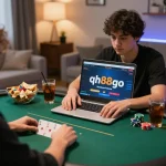 Engaging user playing poker on qh88go website, showcasing a relaxed home gaming atmosphere.