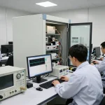 Engineers conducting EMC compliance testing for the Declaration of Conformity in a high-tech laboratory.