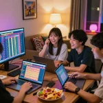 Engaged players watching live Pengeluaran HK results in a lively home setting, capturing excitement and camaraderie.