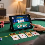 Engaging gameplay with O8 as user plays live dealer blackjack on a tablet in a cozy setting