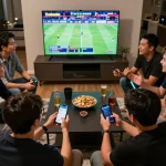 Friends cheering as they place bets on the tylekeonhacai88 app during a live sports event.