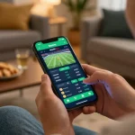 Excited user placing bets on v9bet mobile app, showcasing engaging sports betting experience.