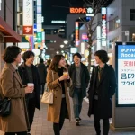 人気のソープランドの外で夜遊びを楽しむ友人たちと一緒のすすきのソープおすすめ、活気ある都市の雰囲気を示す。