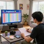 Engaged lottery enthusiast checking Pengeluaran HK results on a large screen in a cozy living room, surrounded by colorful tickets and a notebook.