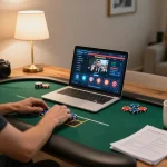 Player engaging with bk8 online poker setup at home, showcasing dynamic gaming action and strategic atmosphere.