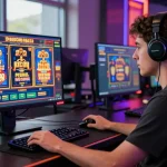 Engagierter Spieler, der Paysafe Card Casino in einem lebhaften Online-Gaming-Setup mit Smartphone-App nutzt.