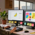 A graphic designer editing images with nano banana pro in a vibrant tech workspace.
