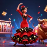 Découvrez des jeux passionnants dans un casino en ligne fiable avec une illustration dynamique d'une danseuse de flamenco et d'un taureau.