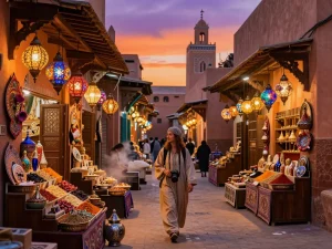 Authentic Moroccan experience with a traveler in vibrant Marrakech, showcasing the services of a top morocco tour company.