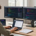 Workspace with developer coding Open Claw skills on dual monitors, inspiring productivity.