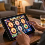 Engaging with slot depo 1000 on tablet, showcasing vibrant online gaming excitement at home.