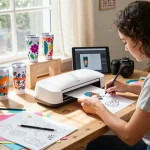 Designer cutting colorful SVG files with Cricut in a bright crafting studio.