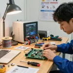 Mighty Mule circuit board problems being diagnosed by a technician in a well-equipped workshop.