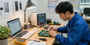 Mighty Mule circuit board problems being diagnosed by a technician in a well-equipped workshop.