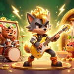Experience the thrill of Slot Online Qris as a rock star wolf shreds guitar on a vibrant casino stage, flooding the scene with gold and gems.