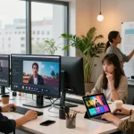 Collaborative video creation scene showcasing seedance ai's capabilities with diverse creatives and cinematic projects.
