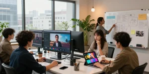 Collaborative video creation scene showcasing seedance ai's capabilities with diverse creatives and cinematic projects.