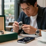 Examine luxurious rolex super clone watches in a chic café setting with modern architecture.