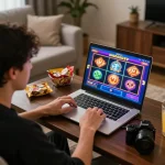 Player enjoying an engaging slot game on laptop, cozy home setting, bright graphics.