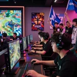 Gamers competing at KPK100 gaming tournament with intense focus and vibrant gaming technology.