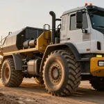 Heavy-duty truck with Double Coin RR99 tires on a construction site, showcasing durability and reliability.