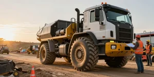 Heavy-duty truck with Double Coin RR99 tires on a construction site, showcasing durability and reliability.