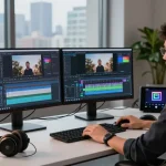 Creative professional generating an ai video prompt in a modern video editing studio.
