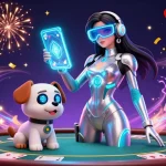 Situs Poker Dominobet showcases a vibrant poker scene with a 3D woman and robot dog amidst dynamic poker elements.