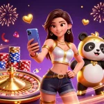 Mwplay casino promotion featuring an Asian woman and golden panda mascot enjoying lively gaming elements and celebrating wins.