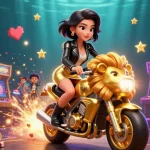 Experience thrilling Trực tiếp bóng đá action with an Asian woman riding a golden lion, amidst vibrant casino elements.