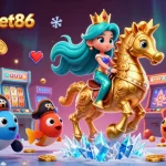Experience the vibrant gameplay at samsonbet86 with a mermaid princess riding a seahorse amidst colorful slot machines.