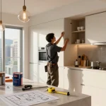 home renovation Hong Kong, skilled contractor installing custom kitchen cabinetry with city views