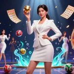 Engage with GO8's vibrant casino world featuring a stylish woman with a roulette ball amidst dynamic gaming elements.