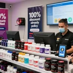 Customer exploring diverse Astera Shop steroids with lab-tested quality displays and 10% discount in an inviting atmosphere.