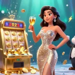 Célébrez vos gains dans un casino en ligne fiable avec une scène glamour mettant en avant jackpots et éléments cryptographiques.