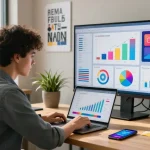 Marketer analyzing Instagram analytics while considering the best methods to purchase Instagram likes in a vibrant office environment.