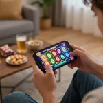 Engaging gameplay of rokok88 slot on a smartphone in a cozy home setting.