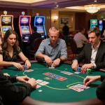 Players engaging at the O8 poker table, showcasing strategic gameplay in a vibrant casino atmosphere.